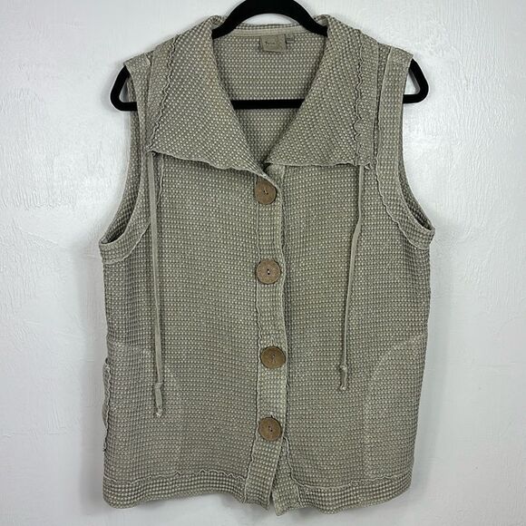 Focus Jackets & Blazers - Focus Vintage 90s Sleeveless Cotton Textured Waffle Knit Vest In Beige Size L